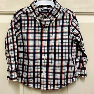 Janie and Jack 12-18m button-down poplin shirt. White, navy, orange, green plaid